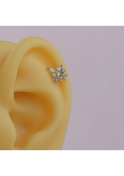 Mini Çiçekli ve Kelebekli Tragus Helix Piercing Kıkırdak Silver Renk