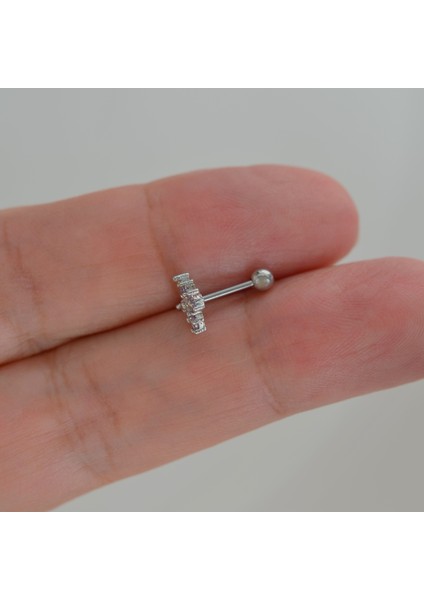 Mini Çiçekli ve Kelebekli Tragus Helix Piercing Kıkırdak Silver Renk