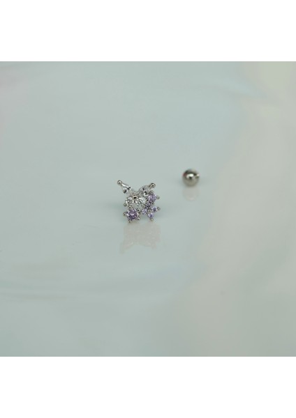 Mini Çiçekli ve Kelebekli Tragus Helix Piercing Kıkırdak Silver Renk
