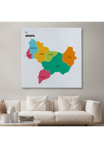 Amasya Ili ve Ilçeler Haritası Dekoratif Kanvas Tablo 1263