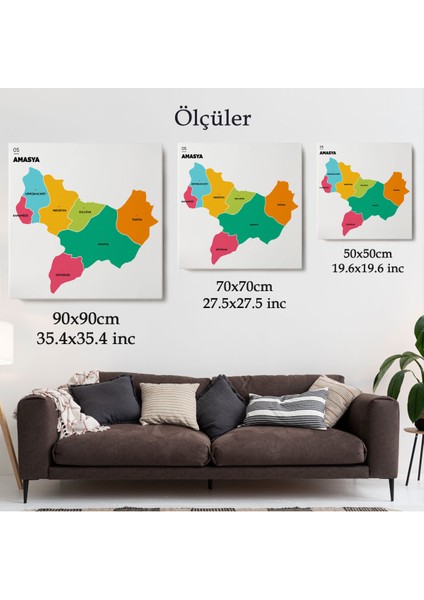 Amasya Ili ve Ilçeler Haritası Dekoratif Kanvas Tablo 1263
