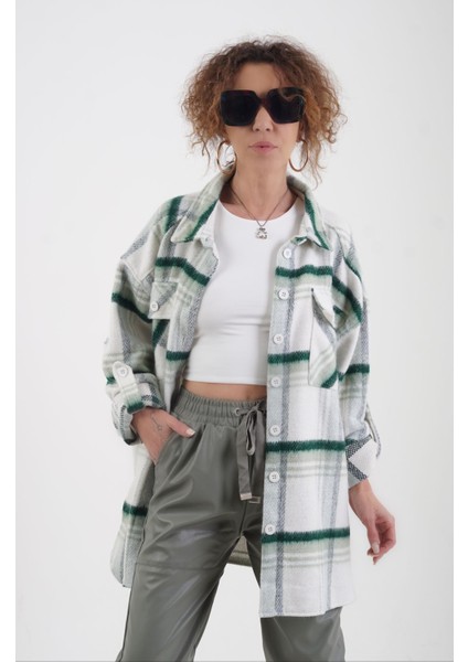 Zümrüt Yeşil Ekose Oversize Kaşe Oduncu Gömlek