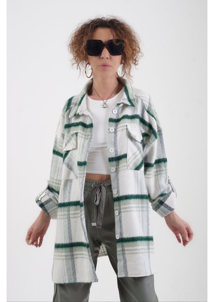 Zümrüt Yeşil Ekose Oversize Kaşe Oduncu Gömlek
