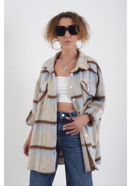 Mavi Ekose Oversize Kaşe Oduncu Gömlek