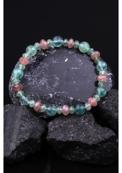 Çilek Kuvars - Florit - Yeşil Kuvars Doğal Taş Tasarım Bileklik