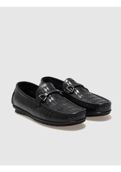 Hakiki Deri Siyah Kürklü Erkek Loafer