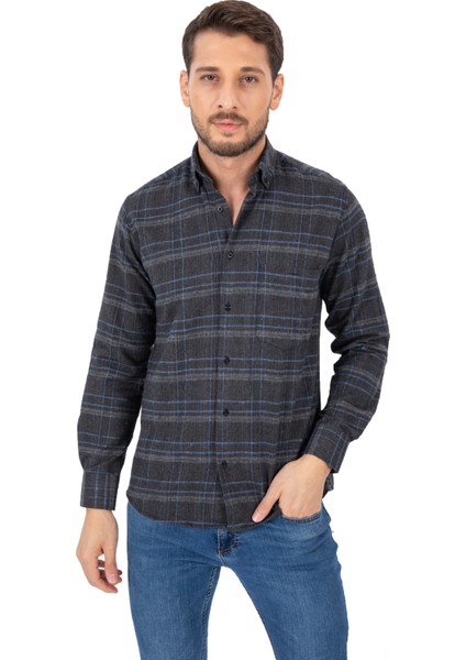Erkek Füme Kışlık Cepli Klasik Kesim Uzun Kollu Gömlek