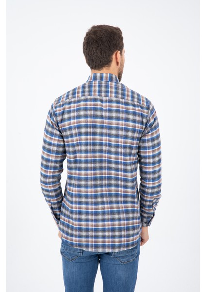 Erkek Mavi Kışlık Kareli Cepli Klasik Kesim Uzun Kollu Gömlek modelleri