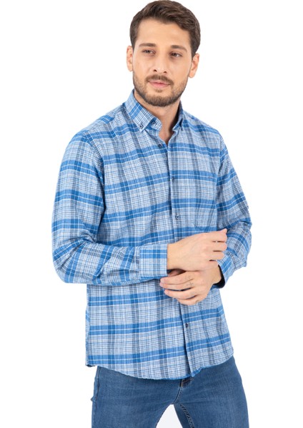 Erkek Gök Mavi Kışlık Kareli Cepli Uzun Kollu Gömlek