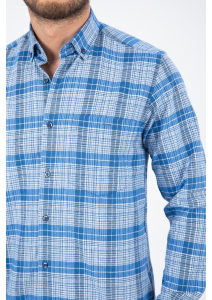 Erkek Gök Mavi Kışlık Kareli Cepli Uzun Kollu Gömlek modelleri
