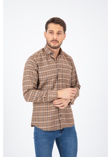 Erkek Tarçın Rengi Kışlık Kareli Cepli Yaka Düğmeli Klasik Kesim Uzun Kollu Gömlek fiyatları