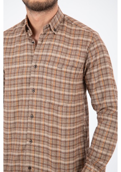 Erkek Tarçın Rengi Kışlık Kareli Cepli Yaka Düğmeli Klasik Kesim Uzun Kollu Gömlek modelleri