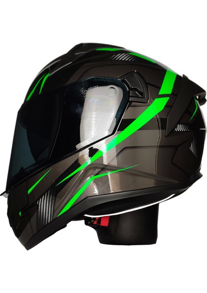 M-801-SNAKE Lead Green Güneş Vizörlü Kask (Siyah Camlı)