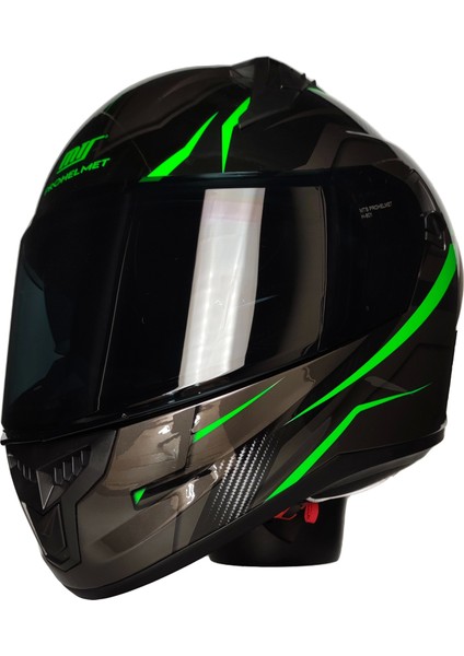 M-801-SNAKE Lead Green Güneş Vizörlü Kask (Siyah Camlı)