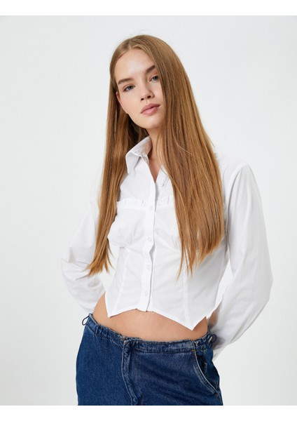 Crop Gömlek Fırfır Detaylı Uzun Kollu Pamuklu Asimetrik Kesimli