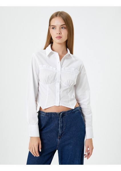 Crop Gömlek Fırfır Detaylı Uzun Kollu Pamuklu Asimetrik Kesimli modelleri