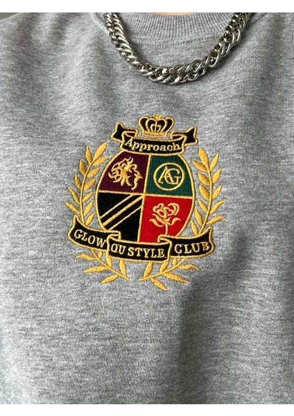 Kadın, Nakış Desenli,oversize,bisiklet Yaka, Spor Şık ,gri Renk 3 Iplik Şardonlu Sweatshirt