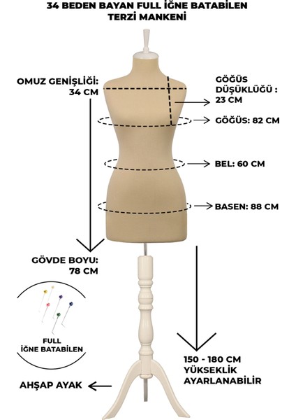 34 Beden Iğne Batabilen Terzi Mankeni Prova Mankeni Sünger Manken fiyatları