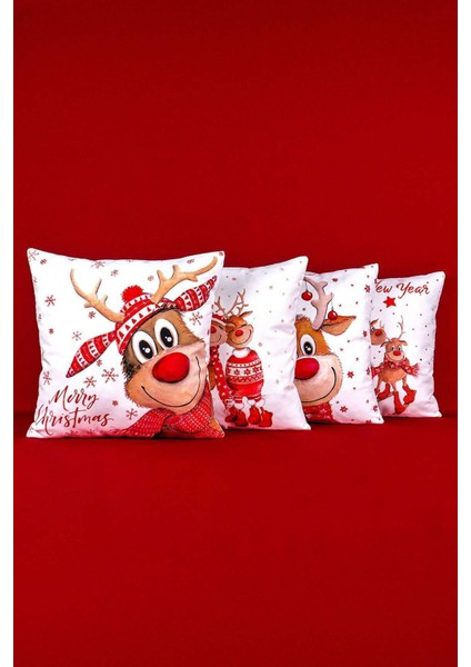 Kırmızı Yılbaşı Geyik Desenli Dijital Baskılı 4'lü Kırlent Kılıfı Seti 4KMBS323