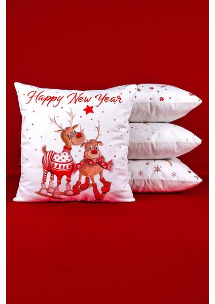 Kırmızı Yılbaşı Geyik Desenli Dijital Baskılı 4'lü Kırlent Kılıfı Seti 4KMBS323 fiyatları