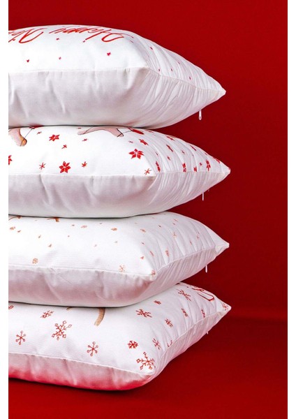 Kırmızı Yılbaşı Geyik Desenli Dijital Baskılı 4'lü Kırlent Kılıfı Seti 4KMBS323 modelleri