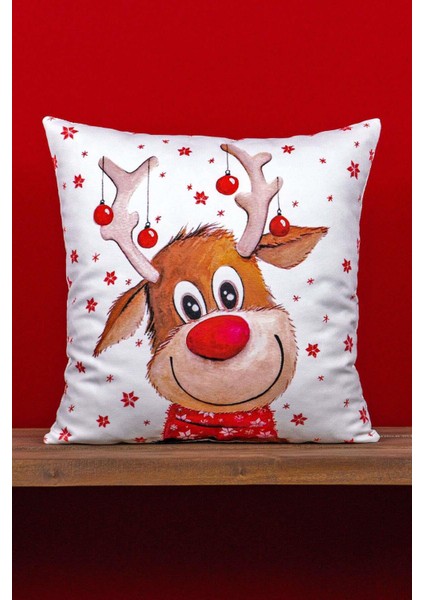Kırmızı Geyik Yılbaşı Temalı Dijital Baskılı Kırlent Kılıfı -CGH1358