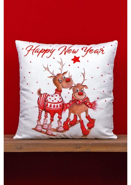 Kırmızı Geyik Yılbaşı Temalı Dijital Baskılı Kırlent Kılıfı -CGH1359