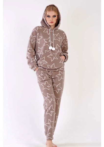 Kadın Polar Düşük Omuzlu Kanguru Cepli Pijama Takım