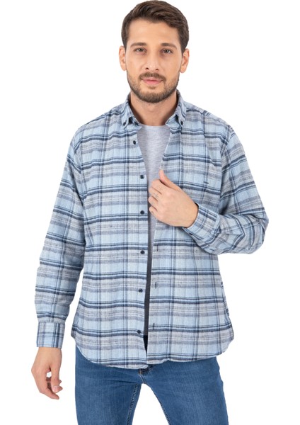 Erkek Mavi Kareli Kışlık Cepli Uzun Kollu Klasik Kesim Gömlek