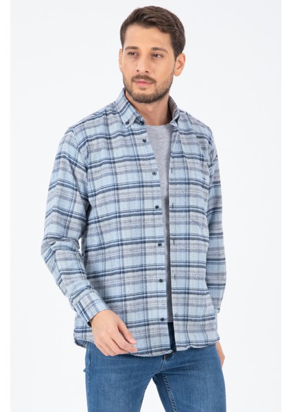 Erkek Mavi Kareli Kışlık Cepli Uzun Kollu Klasik Kesim Gömlek fiyatları