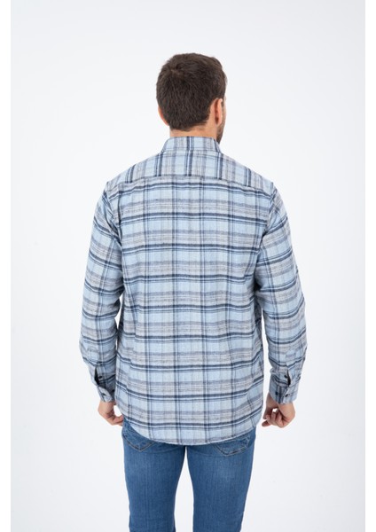 Erkek Mavi Kareli Kışlık Cepli Uzun Kollu Klasik Kesim Gömlek modelleri
