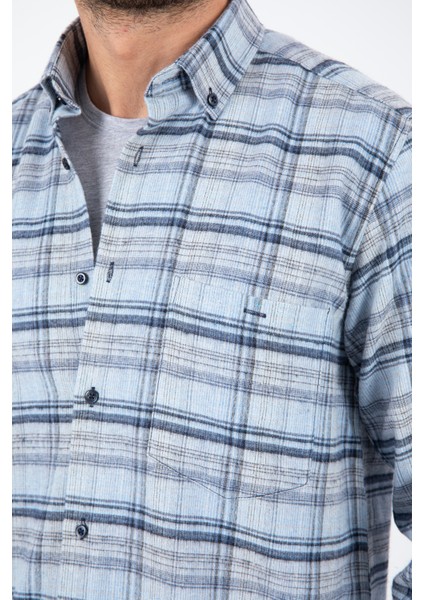 Erkek Mavi Kareli Kışlık Cepli Uzun Kollu Klasik Kesim Gömlek fırsatları