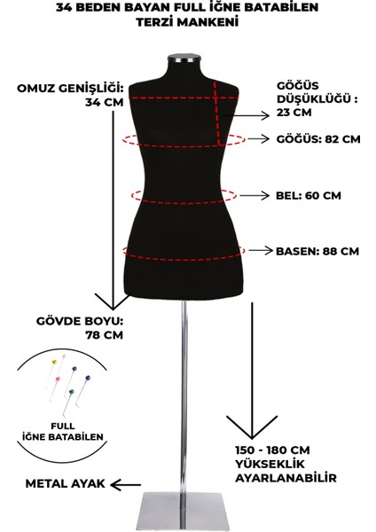 34 Beden Iğne Batabilen Terzi Mankeni Prova Mankeni Sünger Manken fiyatları
