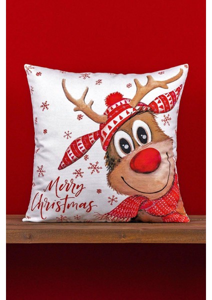 Kırmızı Geyik Yılbaşı Temalı Dijital Baskılı Kırlent Kılıfı -CGH1360