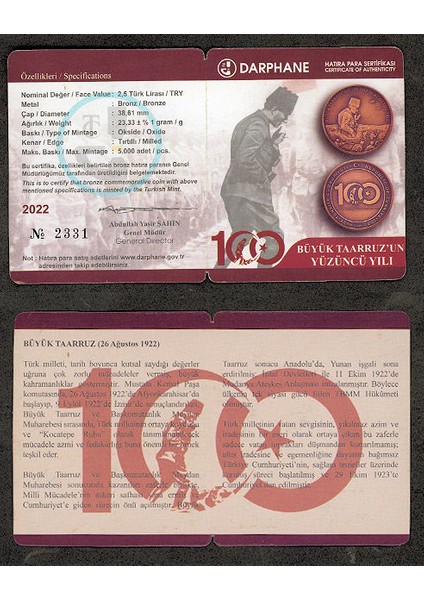 100. Yıl Büyük Taarruz Sertifikalı Darphane Bronz Hatıra Parası modelleri