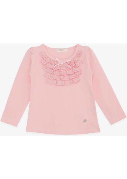 Kız Çocuk Uzun Kollu Tişört Güpürlü Fiyonklu 3-8 Yaş, Pembe