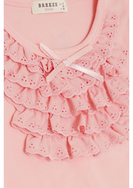 Kız Çocuk Uzun Kollu Tişört Güpürlü Fiyonklu 3-8 Yaş, Pembe modelleri