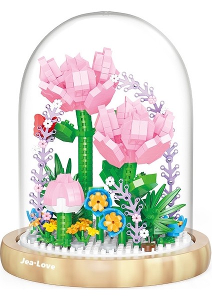 Jea·love Flower Serisi Montajlı Yapı Taşları (Şeffaf Kapak + Ahşap Taban) (Yurt Dışından)