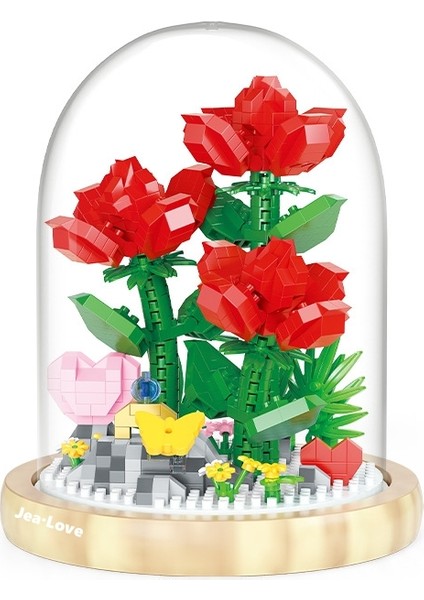 Jea·love Flower Serisi Montajlı Yapı Taşları (Şeffaf Kapak + Ahşap Taban) (Yurt Dışından)