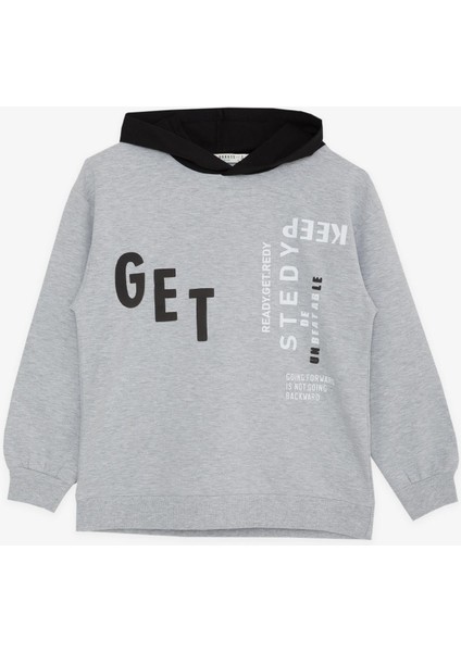 GİRLS & BOYS Erkek Çocuk Sweatshirt Kapüşonlu Yazı Baskılı 8-14 Yaş, Gri Melanj