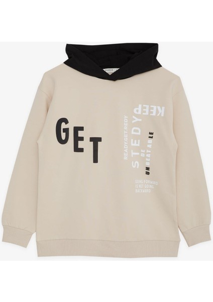 GİRLS & BOYS Erkek Çocuk Sweatshirt Kapüşonlu Yazı Baskılı 8-14 Yaş, Bej