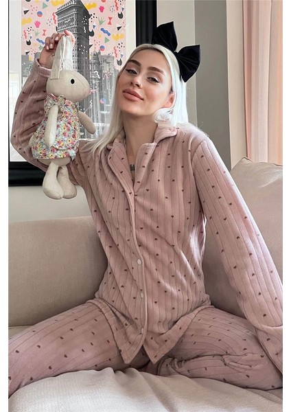 Kahve Kalp Önden Düğmeli Peluş Polar Pijama Takımı