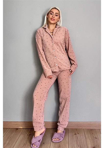 Kahve Kalp Önden Düğmeli Peluş Polar Pijama Takımı