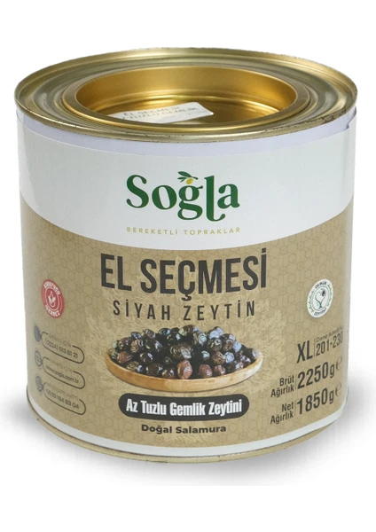 Soğla Bereketli Topraklar Doğal El Seçmesi Teneke Siyah Zeytin 1850-2250 gr