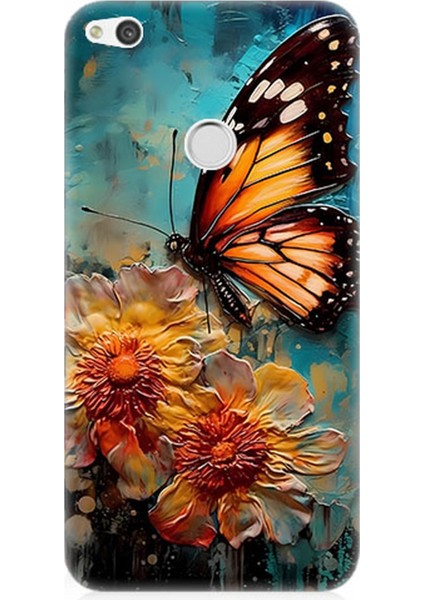 Huawei P9 Lite 2017 Uyumlu Silikon Kılıf Altın Kelebek ve Papatya