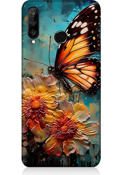 Huawei P30 Lite Uyumlu Silikon Kılıf Altın Kelebek ve Papatya