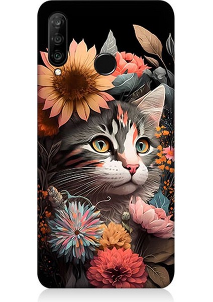 Huawei P30 Lite Uyumlu Silikon Kılıf Çiçekler ve Kül Gri Kedi