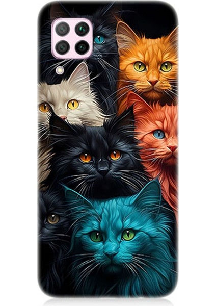 Huawei P40 Lite Uyumlu Silikon Kılıf Renkli Sevimli Kedi Yüzleri