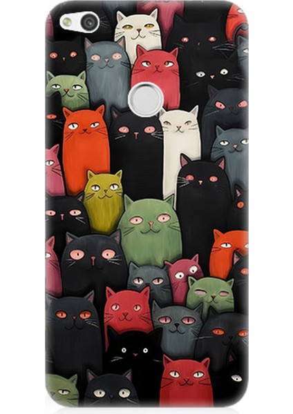 Huawei P9 Lite 2017 Uyumlu Silikon Kılıf Komik Kedi Yüzleri