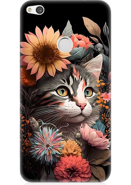 Huawei P9 Lite 2017 Uyumlu Silikon Kılıf Çiçekler ve Kül Gri Kedi